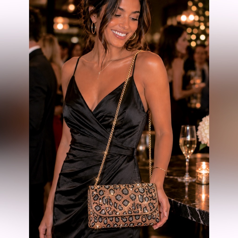 Leopard Print Shimmer Sparkle Crossbody Clutch NWT Party Wedding Date Vacation